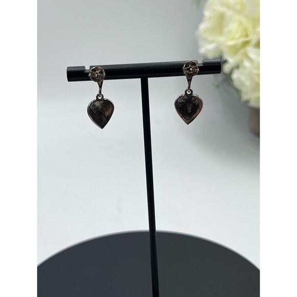 Sterling Silver 925 Marcasite Heart Drop Dangle Pierced Earrings - Picture 6 of 15
